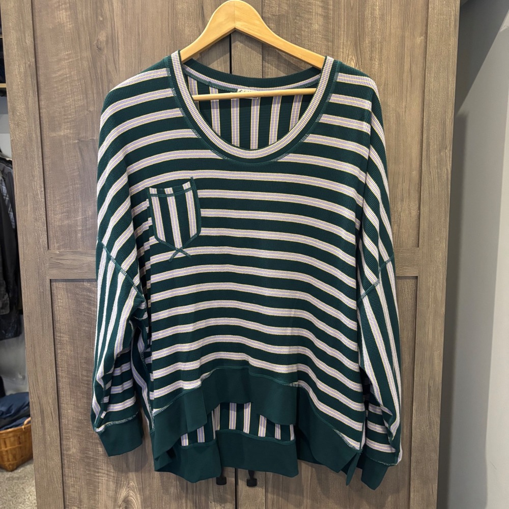 Free People Make it Happen Pullover Top Striped Thermal Waffle Knit Oversized XS